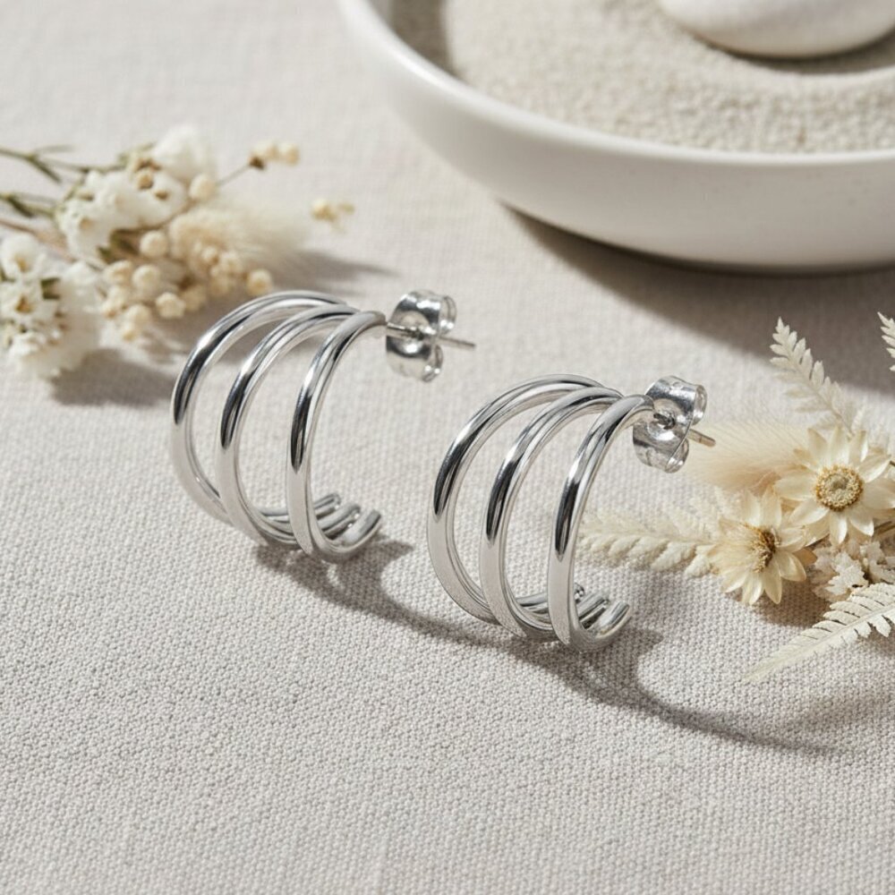 18K White Gold Plated Triple Hoop Earrings Minimalist Dainty Everyday Jewelry